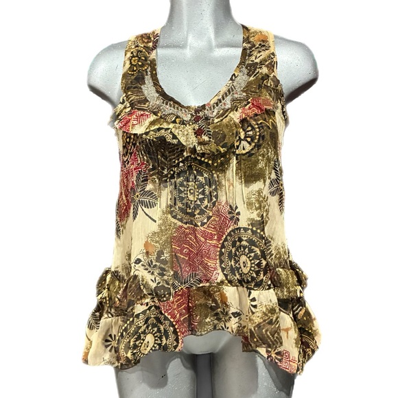 Solitaire Tops - Y2K Vintage Solitaire Boho Ruffle Hem Blouse Tank Top Floral Beaded Neckline Lrg